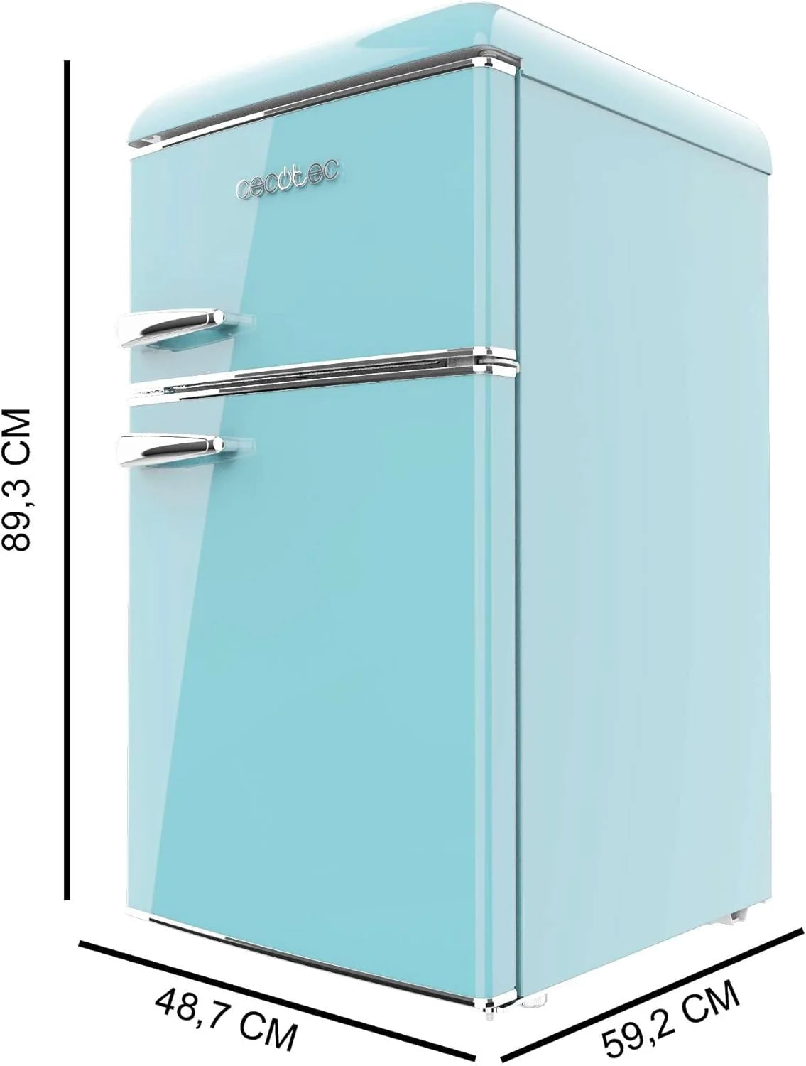 Cecotec Mini Réfrigérateur 2 Portes Retro 86L Bolero CoolMarket 2D Origin 86 Blue E, 89,3cm H et 48,7cm L, IceBox, Classe Énergétoque E, Total No Frost, Lumière Intérieure et Poignée Chromée, Bleu