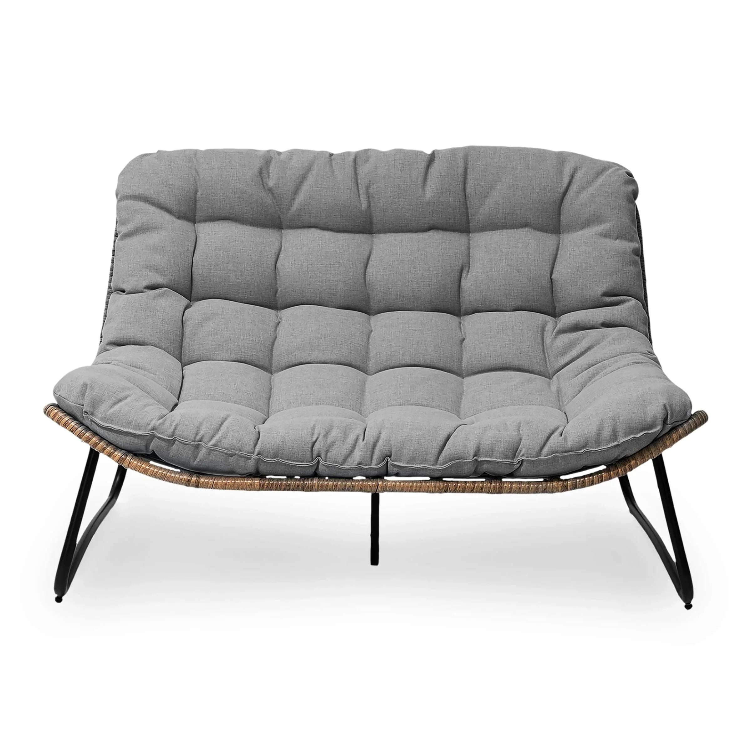 Causeuse double Papasan avec coussin, rotin PE tout temps et cadre en métal pour l'intérieur et l'extérieur