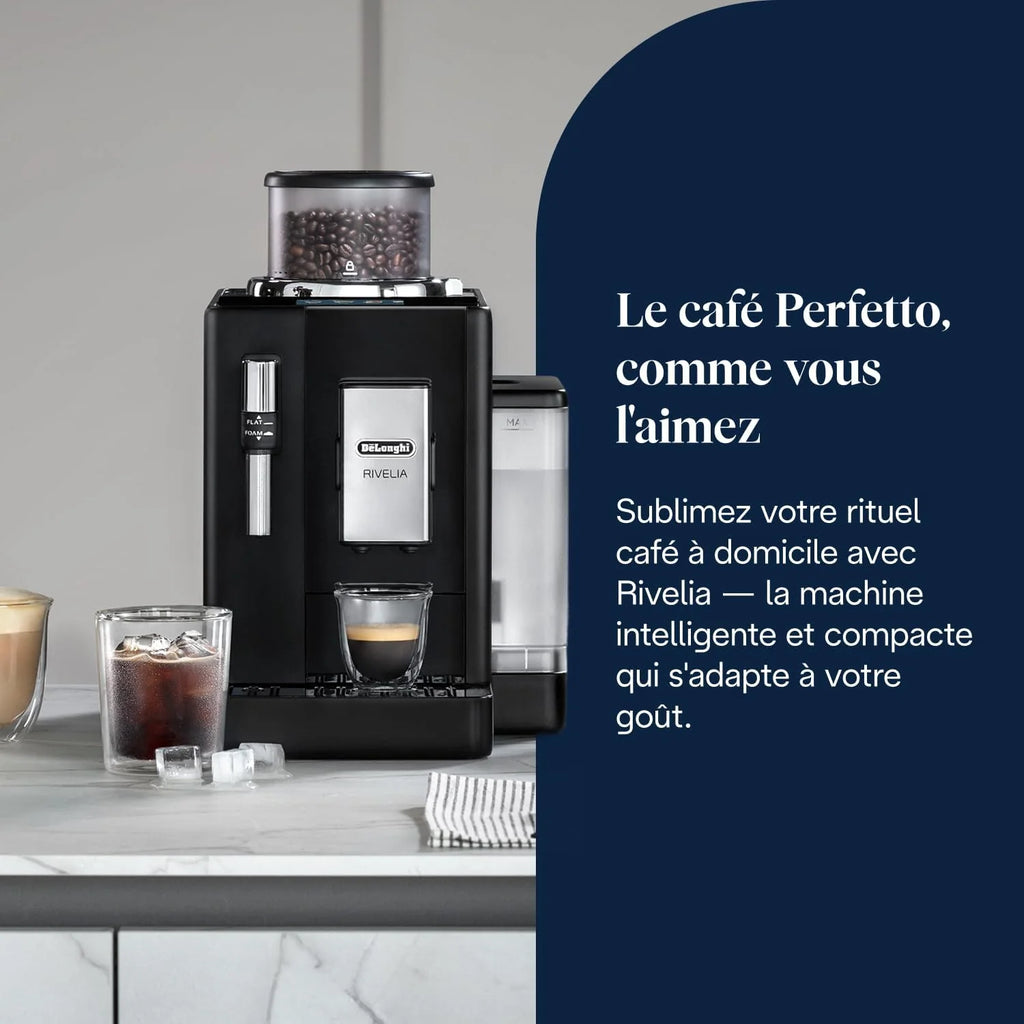 De’Longhi Rivelia - Perfetto Machine à Café Automatique, Mousseur à Lait Classique, 8 Boissons Enregistrées, Écran Tactile Couleur, Réservoir à Grains de Café Interchangeables, Noir (EXAM440.35.B)