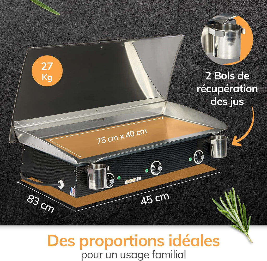 Pack Plancha Electrique LUX 830 - Chariot Rivoli + Accessoires - Inox - Finitions Carbon - 3 Thermostats Réglables - Made In France - L83 X P45 X H20 cm
