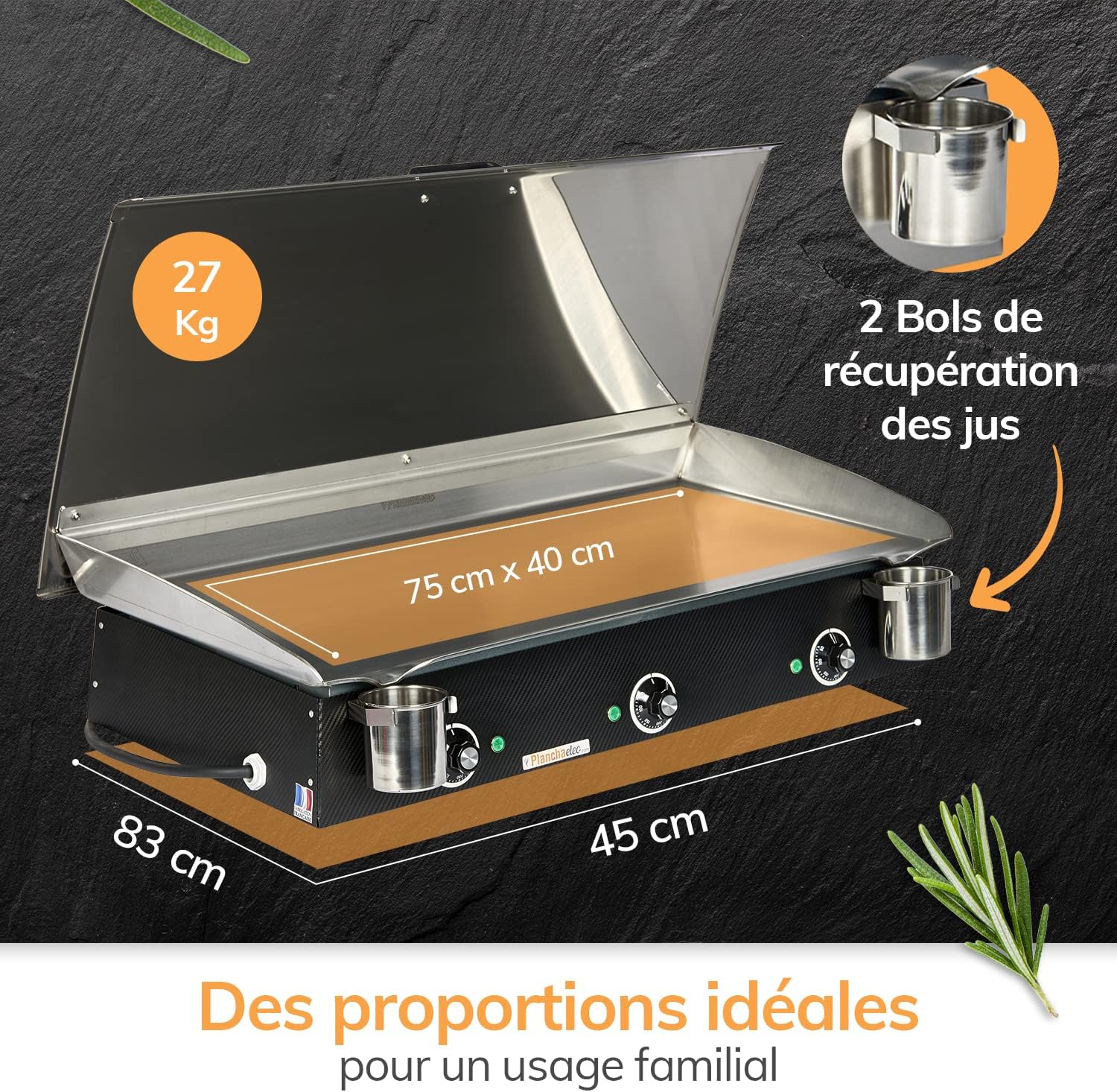 Pack Plancha Electrique LUX 830 - Chariot Rivoli + Accessoires - Inox - Finitions Carbon - 3 Thermostats Réglables - Made In France - L83 X P45 X H20 cm