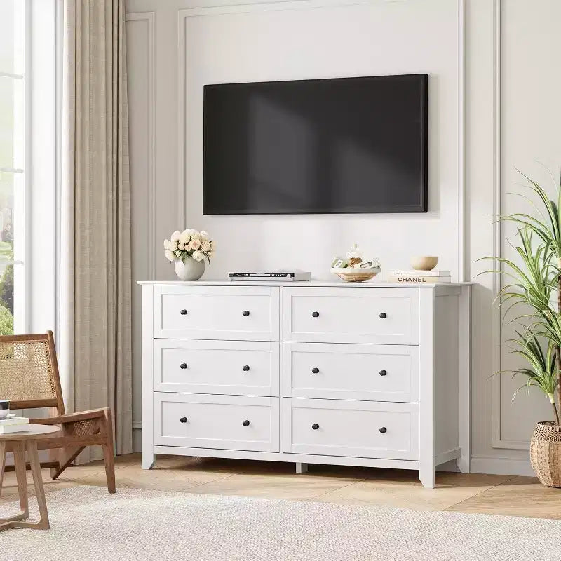 GustoWave Moderne Commode Large de 137 cm à 6 Tiroirs pour Chambre, Entrée, Couloir, Blanc