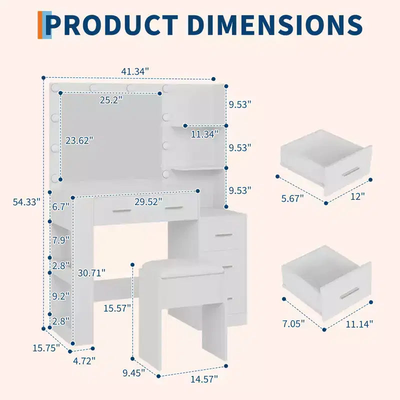 Miroir 10 ampoules | Prises intégrées Grande coiffeuse de 104 cm avec miroir et 3 modes d'éclairage - Table de maquillage avec tabouret et 5 tiroirs pour chambre à coucher