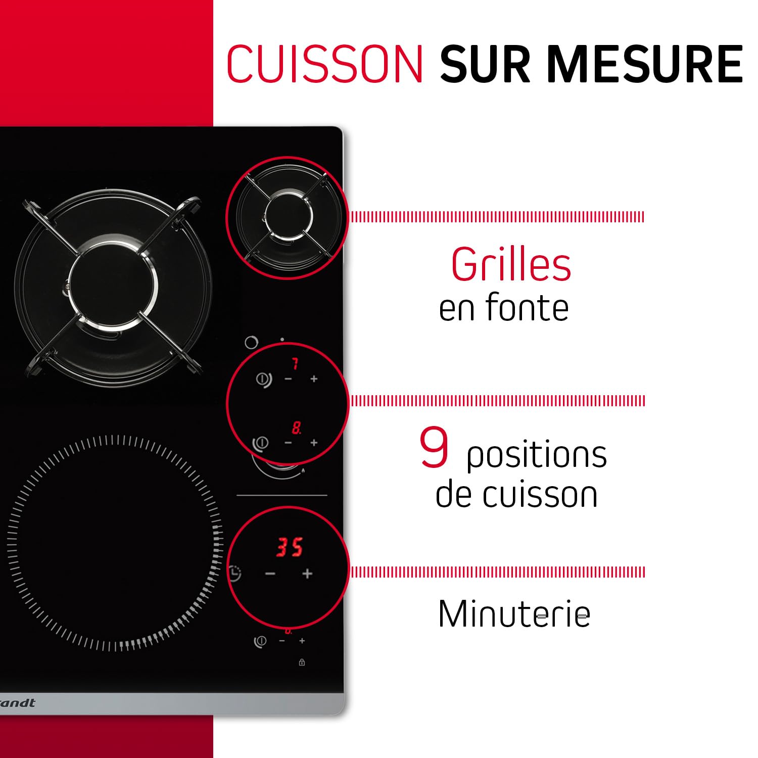 Brandt - BPI6413BM - Plaque Induction et Gaz - Table de Cuisson - Noir - 4 Foyers - 3400W Electrique et 4600 Gaz - Dimensions Encastrement : 56x49cm -