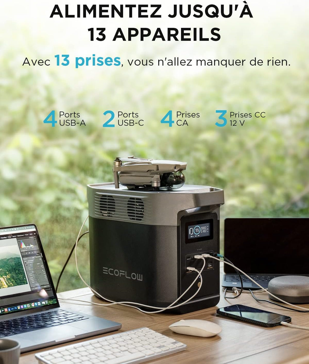 EcoFlow DELTA 2 Station électrique portable avec capacité évolutive de 1-3 kWh, batterie LFP, charge rapide, générateur solaire pour alimentation de secours domestique, balcon, camping et camping-cars