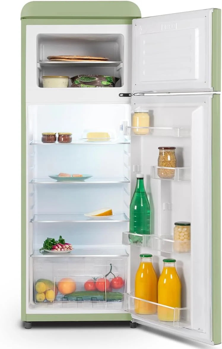 SCHNEIDER SCDD208VVA, Réfrigérateur 2 portes, 211L (172+39), Froid statique, Dégivrage automatique, 3 clayettes verre, Thermostat réglables, Pieds réglables,Vert amande