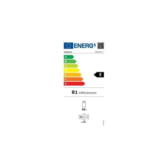 Réfrigérateur cube - Frigelux - CUBE72A++ - 58 L - blanc - 47 x 45 x 63,2 cm - Classe E - 39 dB