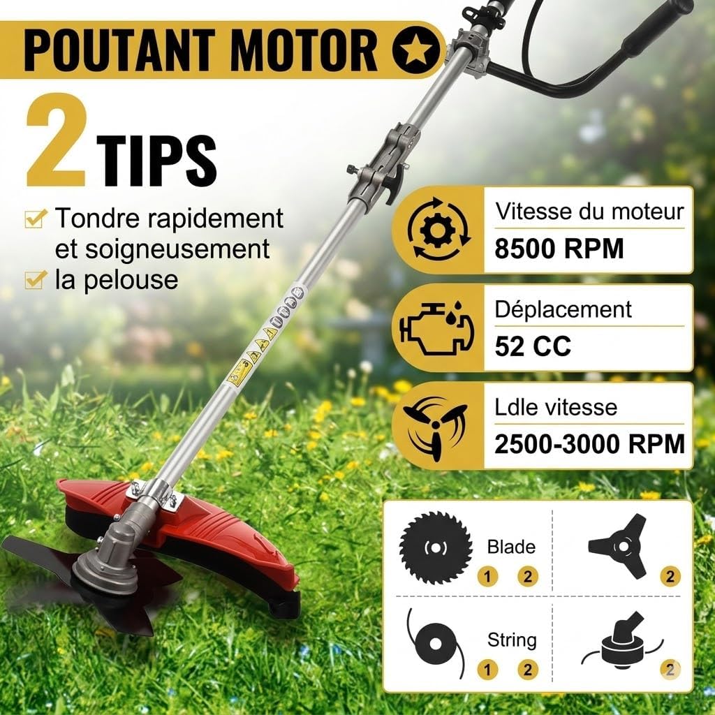 Débroussailleuse à essence 52 cc 2 temps, tige droite avec système anti-vibration, sangle de transport + accessoires pour coupe de jardin et entretien du paysage (2 en 1)