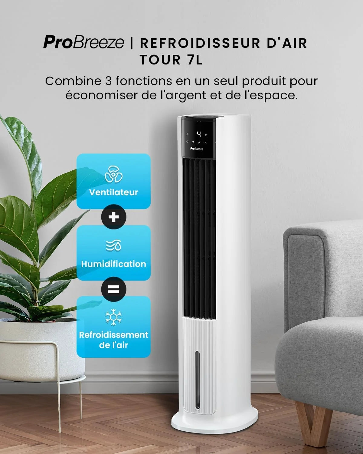 Pro Breeze OmniAir Rafraichisseur d'Air 7L 3en1, 7 Vitesses, 3 Modes, Oscillant, Minuterie 10h, Climatiseur Mobile Sans Évacuation, Silencieux, Sans Conduit, Ventilateur Refroidisseur d'Air