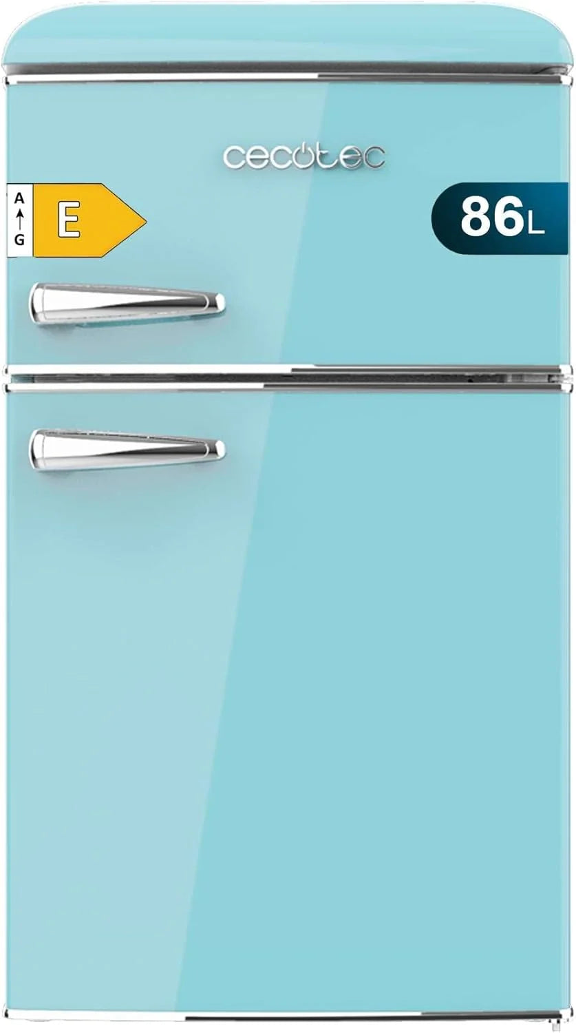 Cecotec Mini Réfrigérateur 2 Portes Retro 86L Bolero CoolMarket 2D Origin 86 Blue E, 89,3cm H et 48,7cm L, IceBox, Classe Énergétoque E, Total No Frost, Lumière Intérieure et Poignée Chromée, Bleu