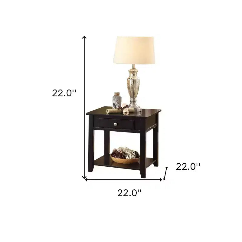 Table d'appoint carrée HomeRoots 22 en bois manufacturé noir avec tiroir et étagère