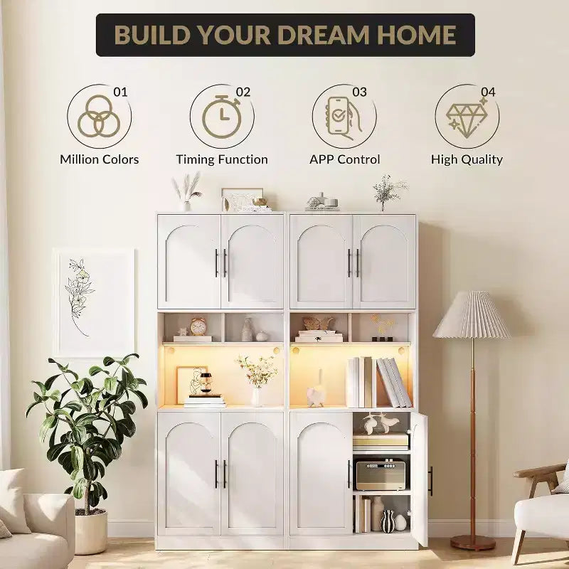 Garde-manger de cuisine avec éclairage RVB, Vaisselier en bois de style rustique avec portes coulissantes, Meuble micro-ondes, Deux étagères ouvertes, Grand placard de rangement