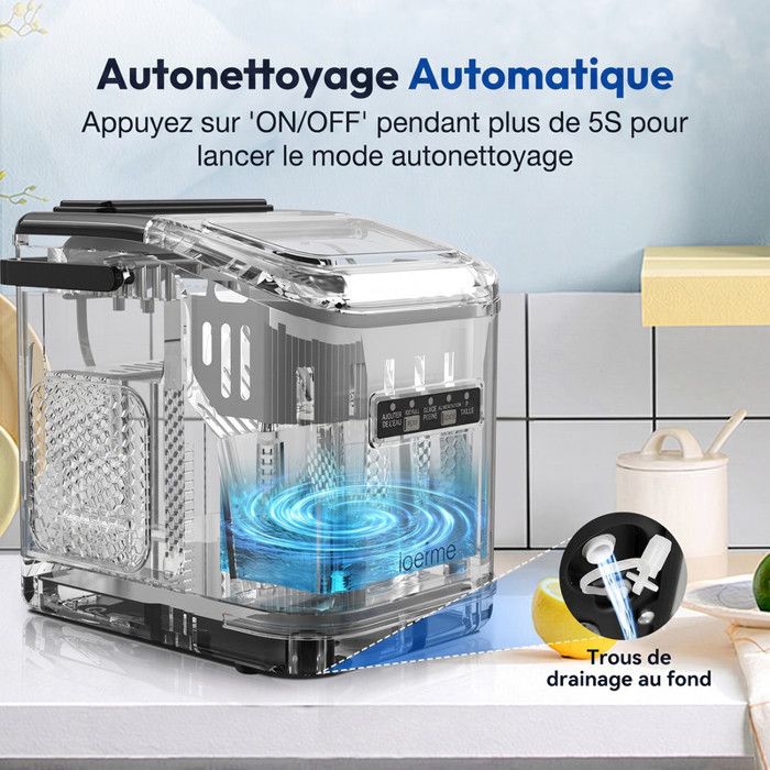 Machine à glaçons verte 12kg/24h, réservoir 1.4L, 9 glaçons en 6min, silencieuse, autonettoyante, 2 tailles de glaçons, avec poignée