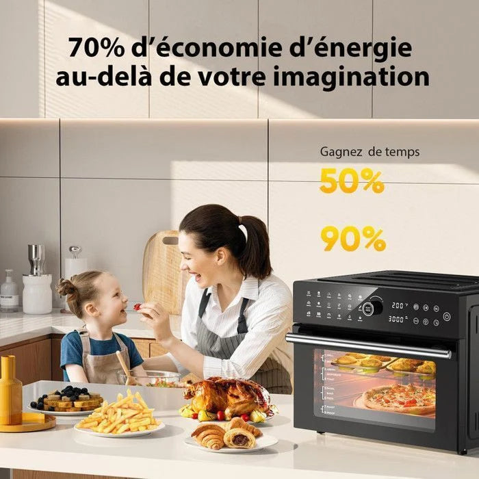 Mini four professionnel - Four a air, 30L/21 Programmes/30-230℃, Lumière intégrée, Cavité et plateaux en acier inoxydable