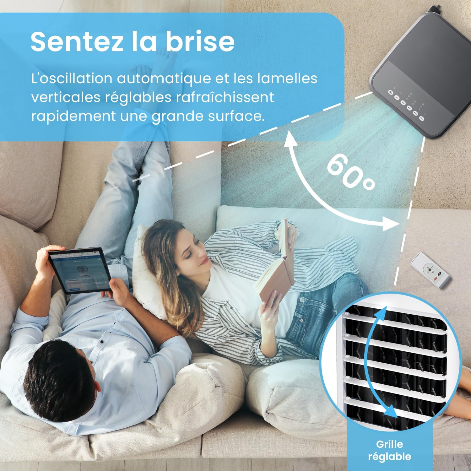 Pro Breeze Rafraîchisseur d'Air Portable 5L, Ventilateur, Humidificateur, 3 Vitesses, Oscillation Automatique, Minuterie, Télécommande - Refroidisseur d'Air par évaporation Mobile et Puissant