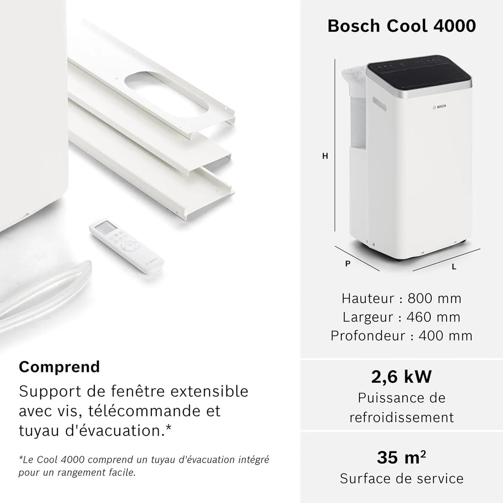 Bosch Cool 4000 Portable AC - 3 en 1 Climatiseur, Déshumidificateur, Ventilateur - 2,6 kW pour les pièces jusqu'à 35m² - Avec Mode Auto, Mode Silencieux et Mode Veille (48 db (A)) [Classe A+]