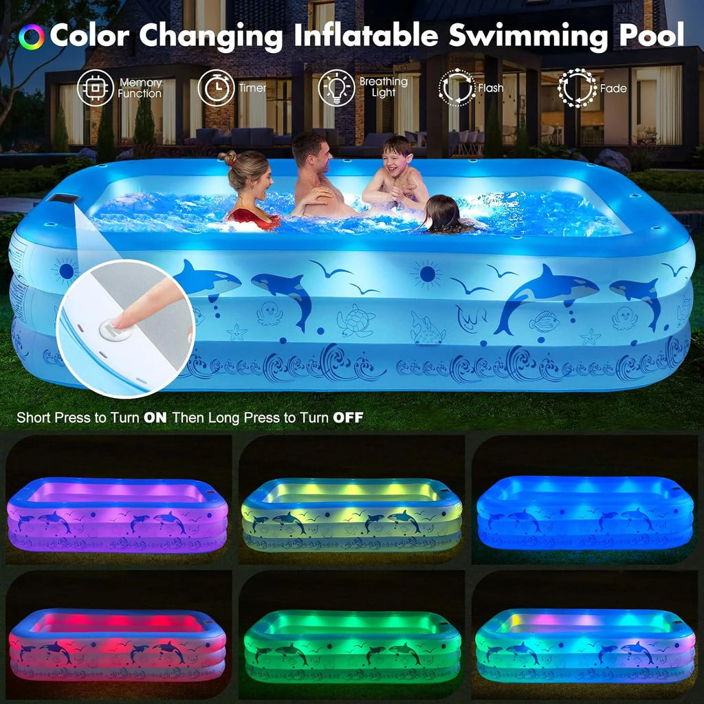 LanOcean Piscine Gonflable Adulte avec Lumières, Solaire Familiale Piscines Gonflables Rectangulaire avec 12 Mode D'éclairage,240x150x55CM Grande Piscine Gonflable Enfant, Pataugeoire Bebe pour Jardin
