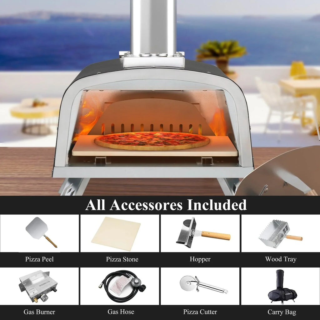 Four à Pizza Extérieur Multi-Combustibles avec Brûleur à Gaz et Boîte à Bois - 12 pouces