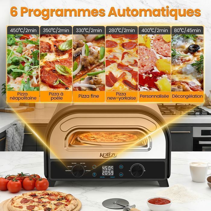 KOTEZU Four à Pizza Gaz 12", Pierre Rotative Auto, 4,4 kW, Thermomètre