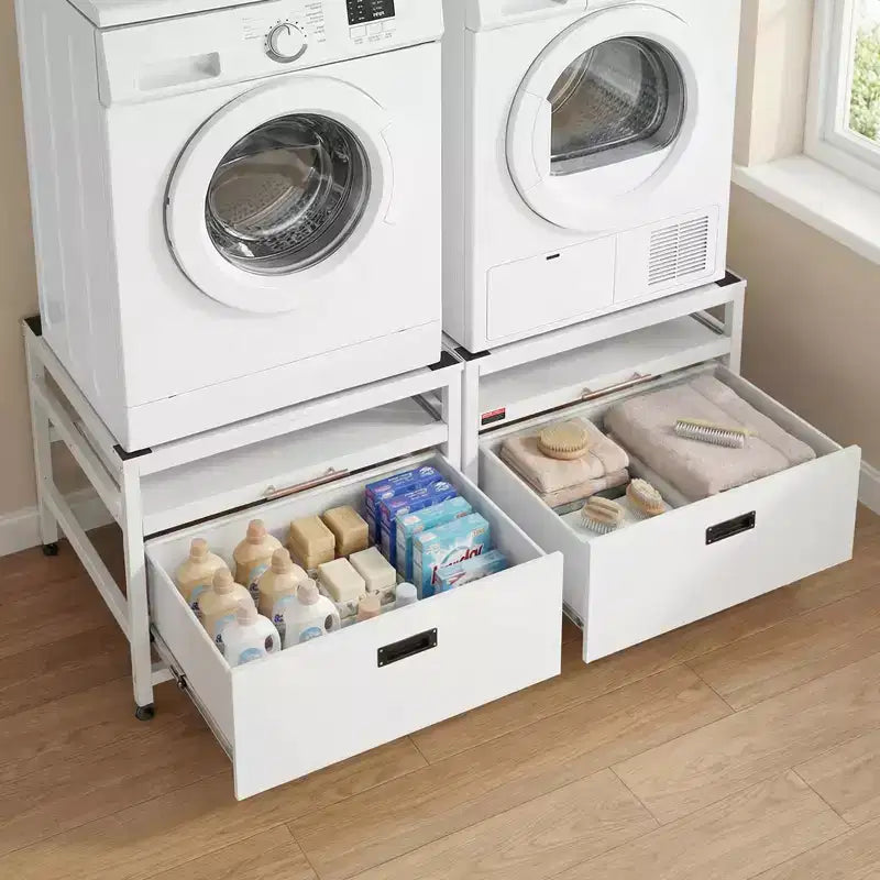 Socle de lave-linge et sèche-linge VEVOR, hauteur 57,4 cm, 73,6 x 73,6 cm, avec tiroir coulissant et espace de rangement, capacité de charge 362,9 kg, antidérapant, blanc
