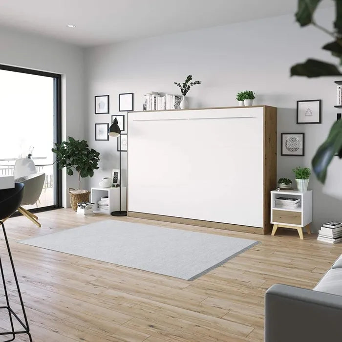 Armoire Lit Escamotable 140x200 Cm Supérieur Horizontal Mural Chêne Sauvage/blanc Lit