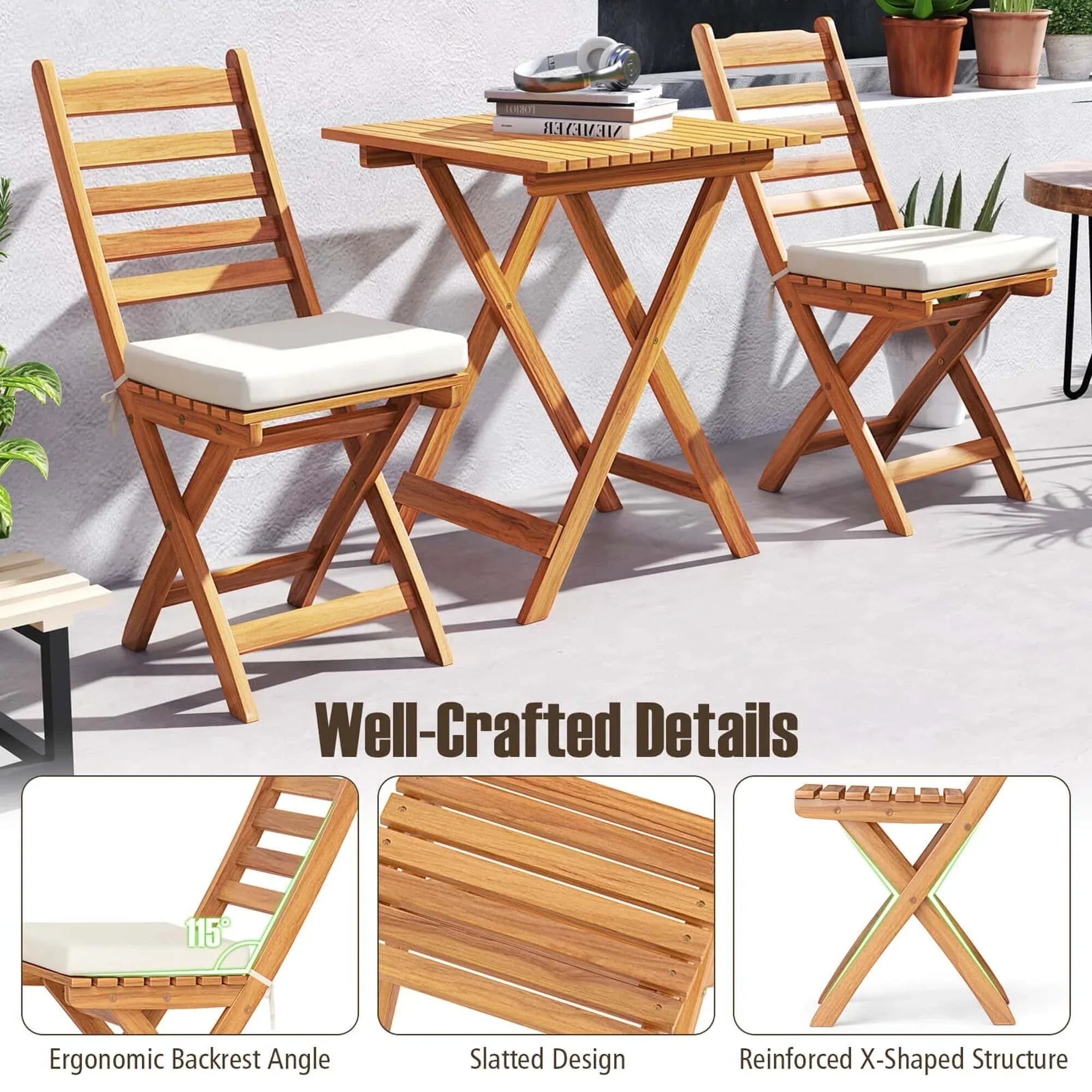 Ensemble bistrot pliant 3 pièces Patiojoy avec coussins de siège amovibles - Voir les détails