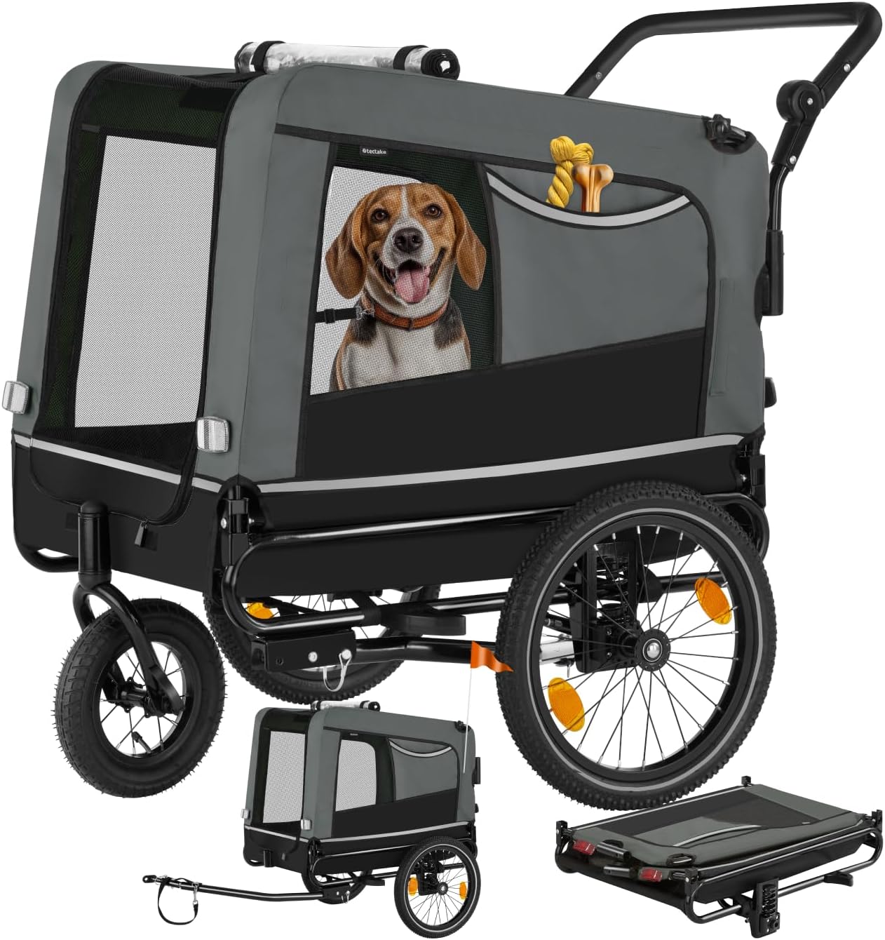 tectake® Remorque Velo Chien 3 en 1 Pliable avec Reflecteurs, Drapeau, Remorques Vélo pour Chiens Aussi comme Poussette Chien Animaux de Compagnie de Taille Moyenne Charge Maximale 40 kg