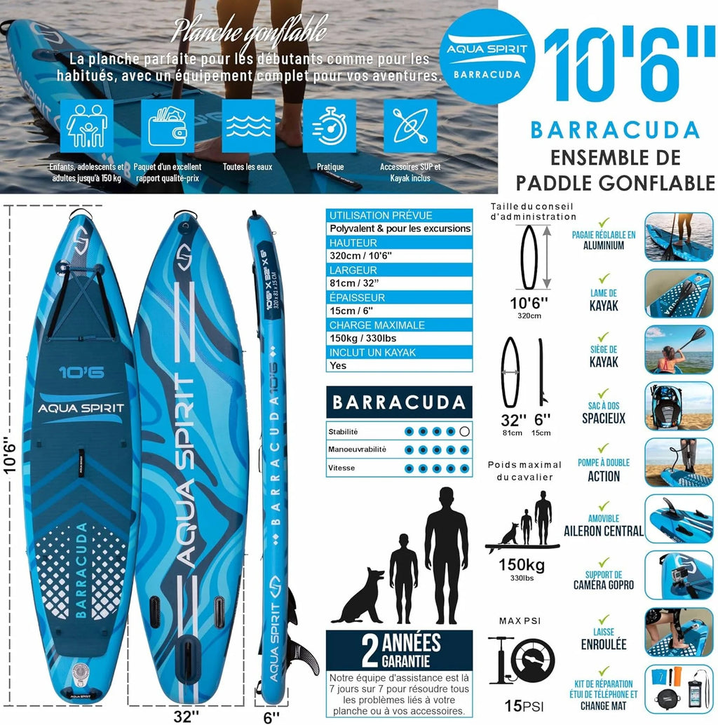 Aqua Spirit Sup Planche à pagaie Gonflable Stand Up 2023 3 m / 10 m / 10 m / 10/12 pi 6/15 pi / 18 po Kit Complet de Conversion de Kayak avec pagaie, Sac à Dos, Pompe et Autres Accessoires
