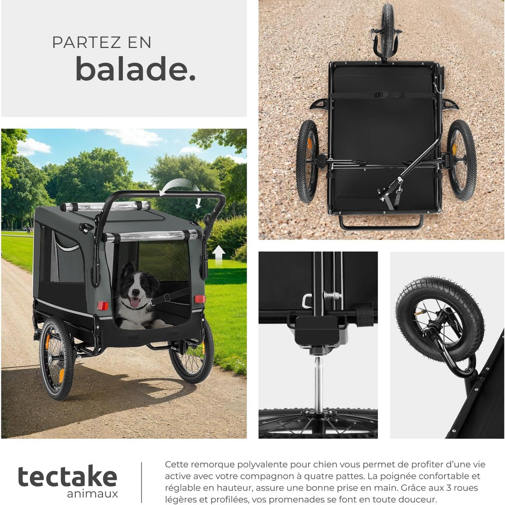tectake® Remorque Velo Chien 3 en 1 Pliable avec Reflecteurs, Drapeau, Remorques Vélo pour Chiens Aussi comme Poussette Chien Animaux de Compagnie de Taille Moyenne Charge Maximale 40 kg