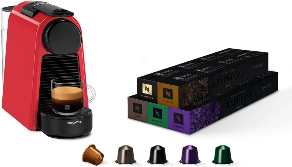 Cafetière Nespresso Essenza Mini Rouge avec 50 Capsules Incluses