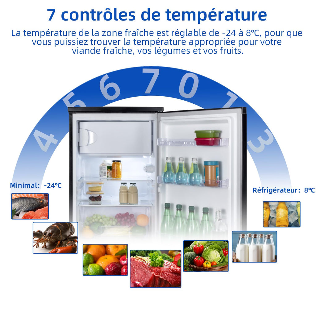 Réfrigérateur congélateur CHiQ 107 L, Classe D, Efficacité énergétique, Ultra silencieux (39 dB), Contrôle de l'humidité, Porte réversible