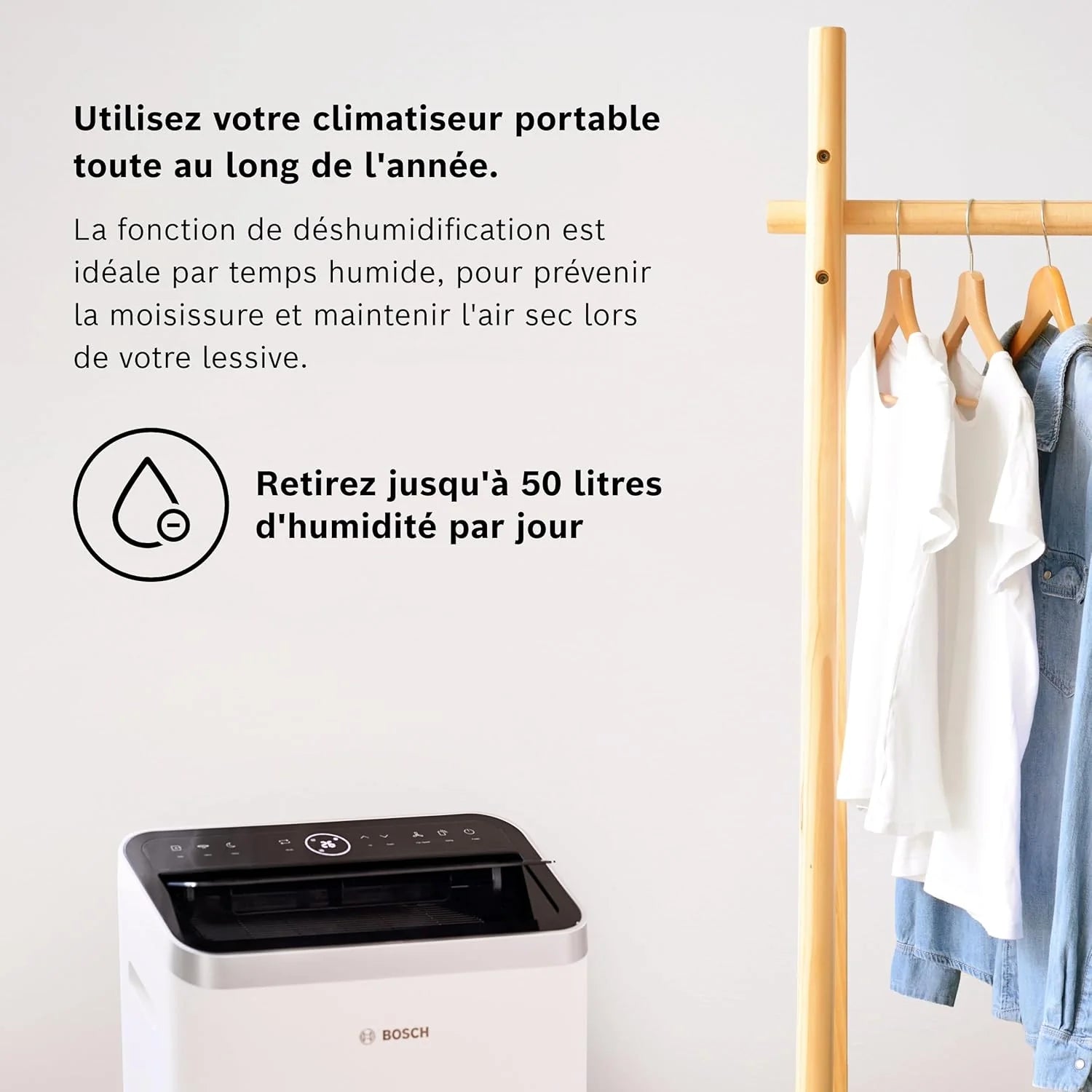 Bosch Cool 4000 Portable AC - 3 en 1 Climatiseur, Déshumidificateur, Ventilateur - 2,6 kW pour les pièces jusqu'à 35m² - Avec Mode Auto, Mode Silencieux et Mode Veille (48 db (A)) [Classe A+]