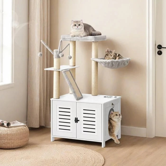 HOOBRO Arbre à Chat avec Maison de Litière pour Chat, Maison pour Chat en Bois avec Tour à Chat, Grège