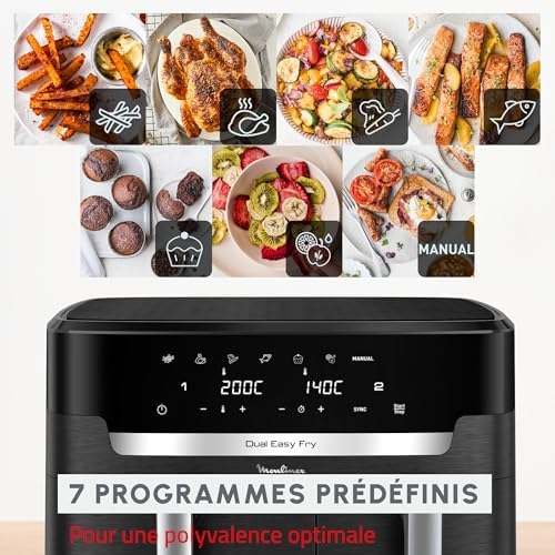 Moulinex air fryer deux compartiments, très grande capacité 11L, 10 personnes, 7 Programmes automatiques, friteuse sans huile, Ecran tactile digital, Dual inox, EZ942BF0, Gris foncé : Cuisine et Maison