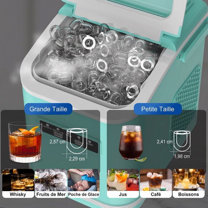 Machine à glaçons verte 12kg/24h, réservoir 1.4L, 9 glaçons en 6min, silencieuse, autonettoyante, 2 tailles de glaçons, avec poignée