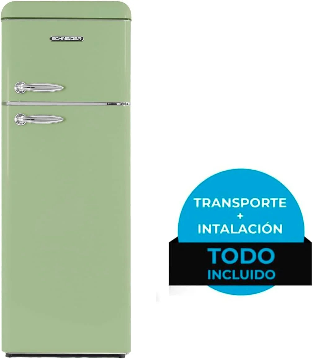 SCHNEIDER SCDD208VVA, Réfrigérateur 2 portes, 211L (172+39), Froid statique, Dégivrage automatique, 3 clayettes verre, Thermostat réglables, Pieds réglables,Vert amande