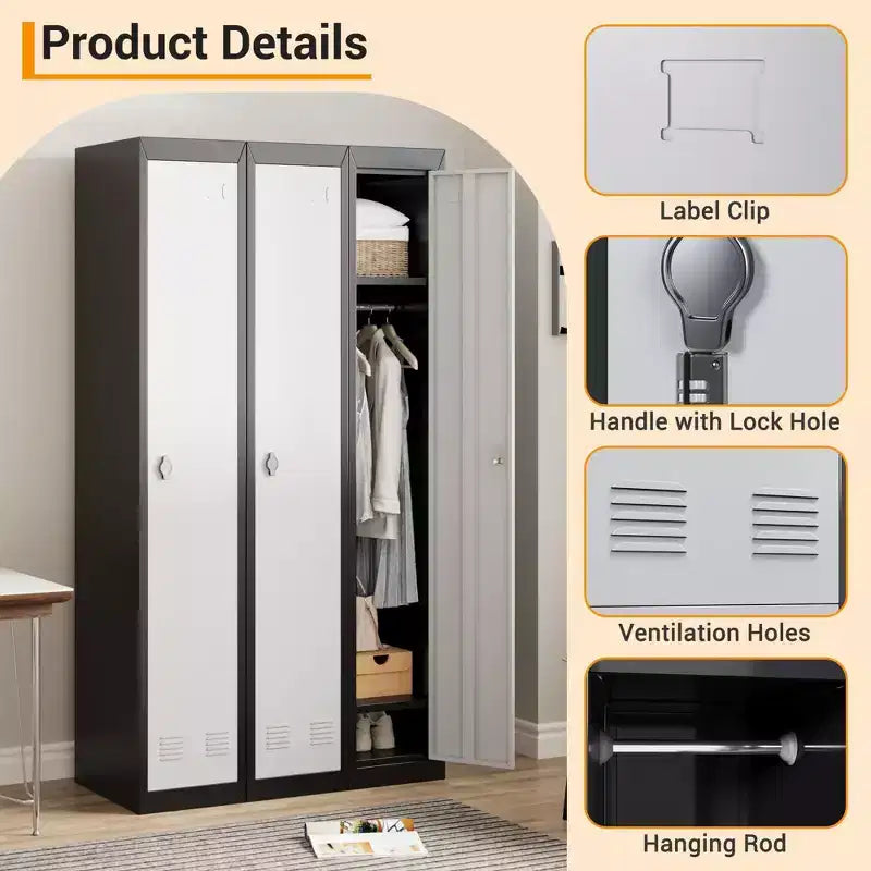 Casier métallique à 1 porte de 180 cm, Armoire de rangement fine en acier avec tringle et étagère pour Bureau, École, Salle de sport