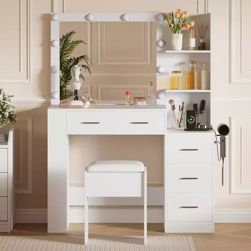 Miroir 10 ampoules | Prises intégrées Grande coiffeuse de 104 cm avec miroir et 3 modes d'éclairage - Table de maquillage avec tabouret et 5 tiroirs pour chambre à coucher