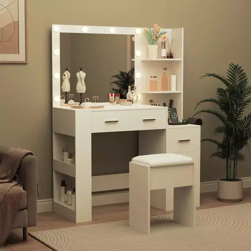Miroir 10 ampoules | Prises intégrées Grande coiffeuse de 104 cm avec miroir et 3 modes d'éclairage - Table de maquillage avec tabouret et 5 tiroirs pour chambre à coucher
