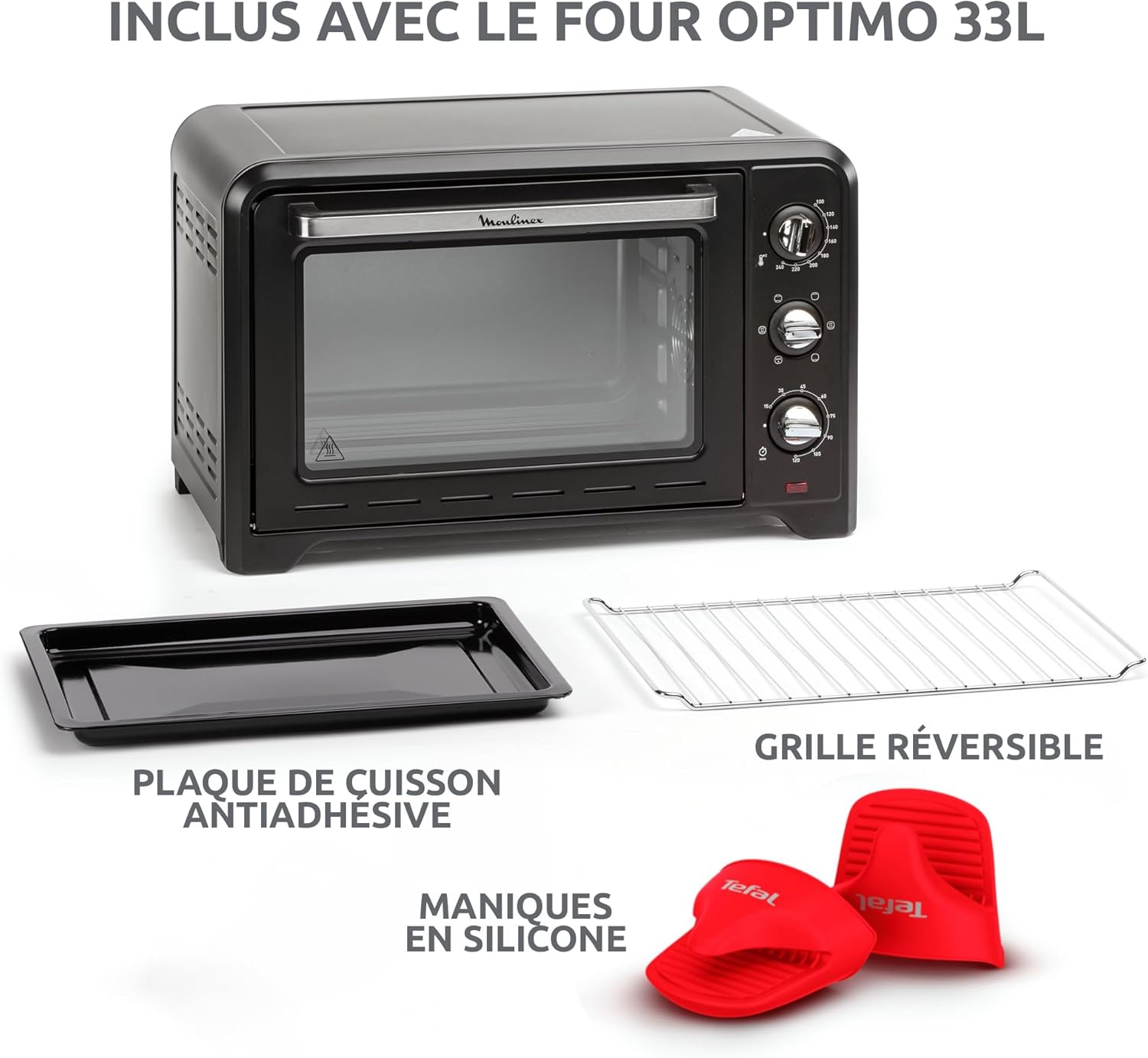Moulinex Four posable 33 L, Chaleur tournante, Convection de pointe, 6 modes de cuisson, Thermostat réglable jusqu'à 240 °C, Timer 120 min, Grille réversible, Maniques silicone, Optimo Noir OX464811