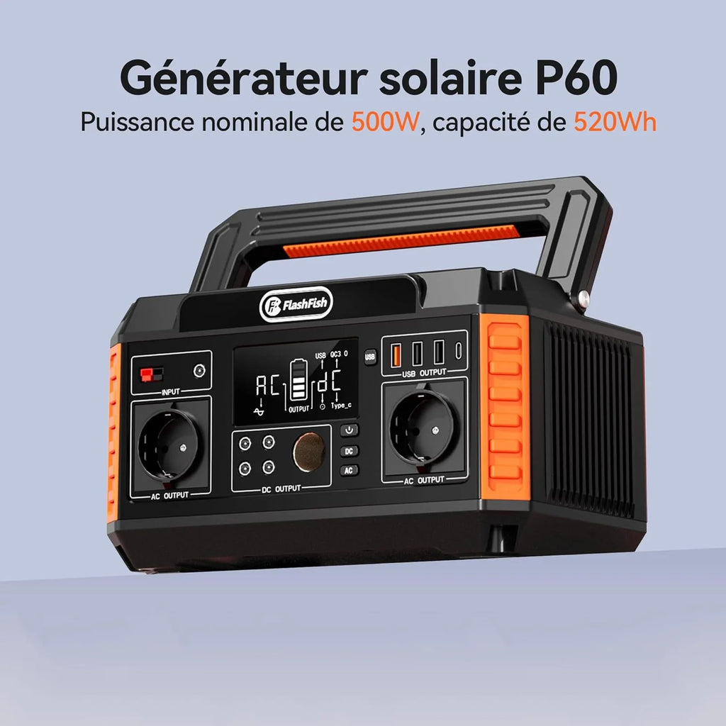 FlashFish 520Wh Generateur Electrique avec Panneau Solaire 100W,Station Electrique Portable avec 2x CA 560W(crête 1100W),5x Sorties CC et 4x USB,Batterie de Secours pour Camping,Extérieur,Domestique