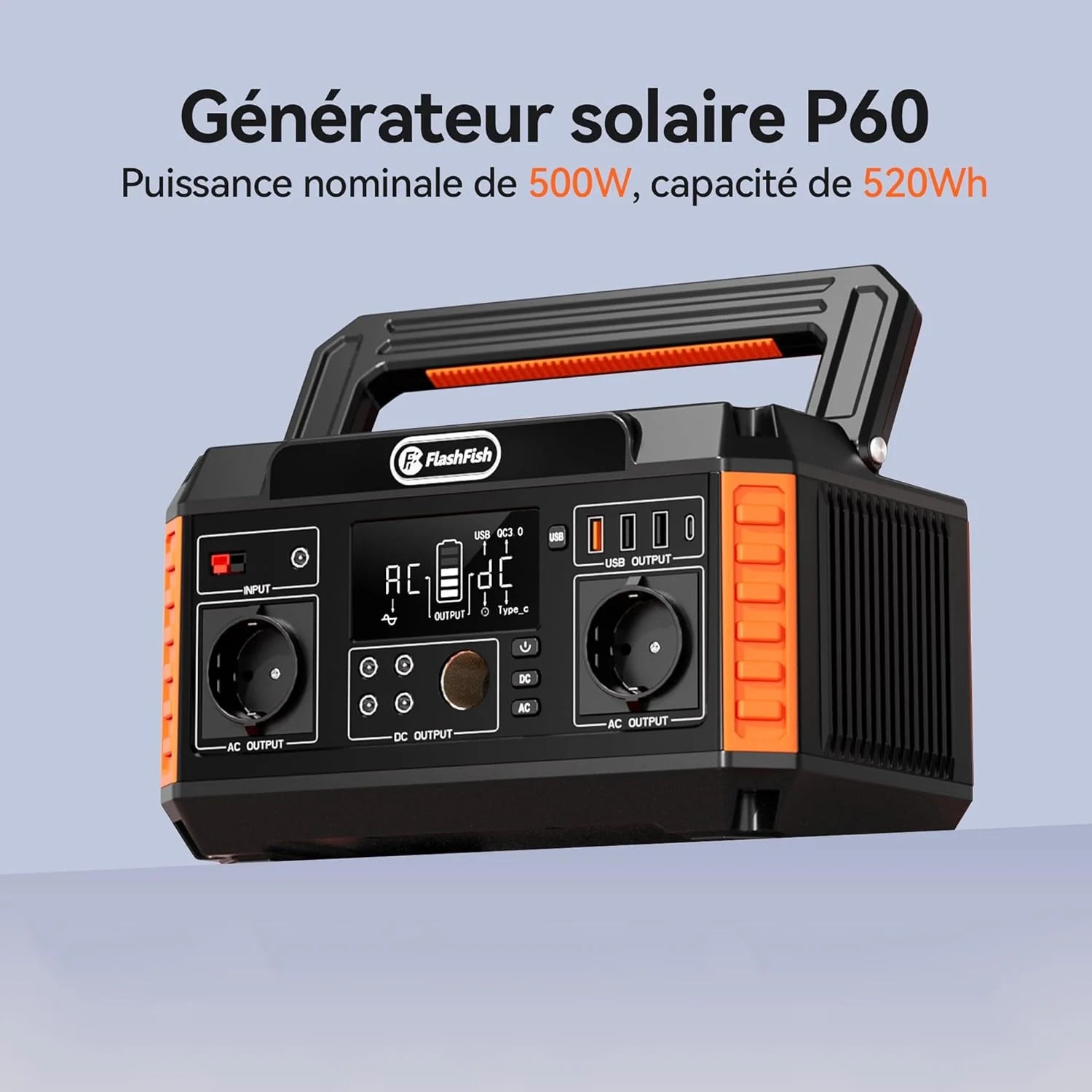 FlashFish 520Wh Generateur Electrique avec Panneau Solaire 100W,Station Electrique Portable avec 2x CA 560W(crête 1100W),5x Sorties CC et 4x USB,Batterie de Secours pour Camping,Extérieur,Domestique