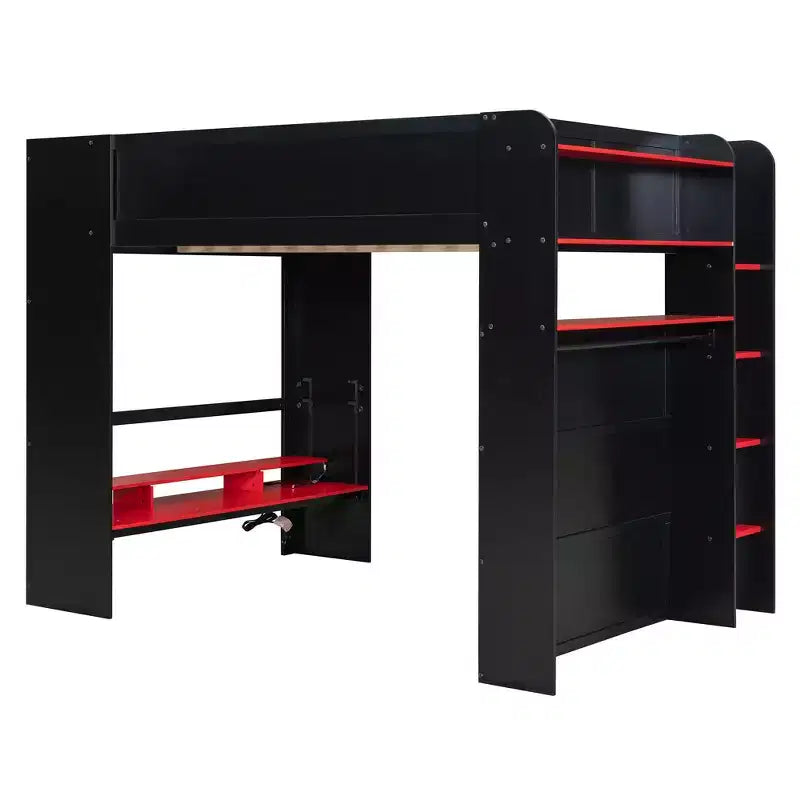 Lit mezzanine double Luxystar avec bureau réglable lumineux, armoire ouverte et bibliothèque