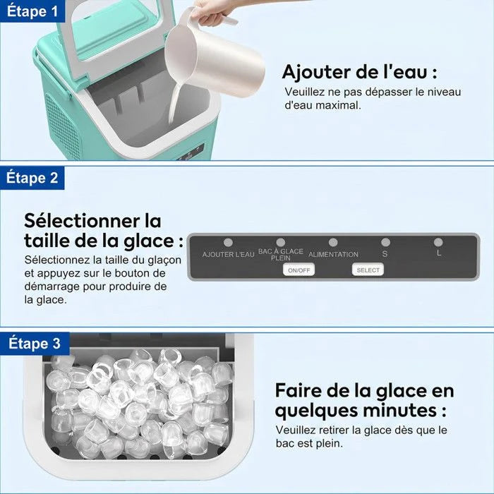 Machine à glaçons verte 12kg/24h, réservoir 1.4L, 9 glaçons en 6min, silencieuse, autonettoyante, 2 tailles de glaçons, avec poignée