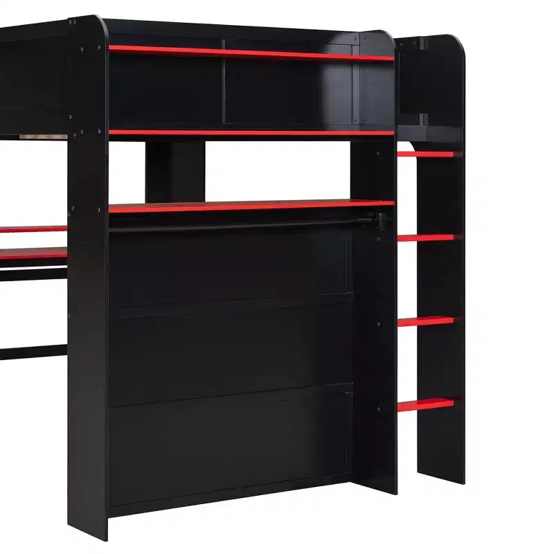 Lit mezzanine double Luxystar avec bureau réglable lumineux, armoire ouverte et bibliothèque
