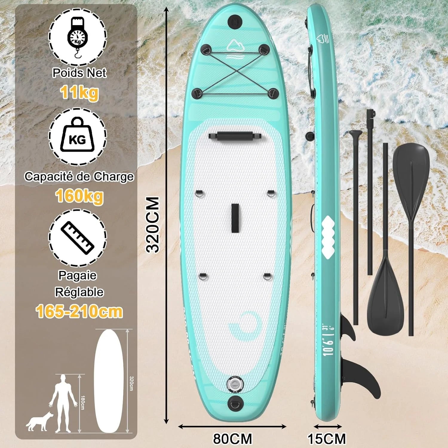 JUMMICO Stand Up Paddling Board, 320 cm x 80 cm x 15 cm, Planche de Sup Gonflable, Stand Up Paddle 2-en-1 avec siège de Kayak, Protection réglable Contre Les Rayures et Accessoires, jusqu'à 160 kg