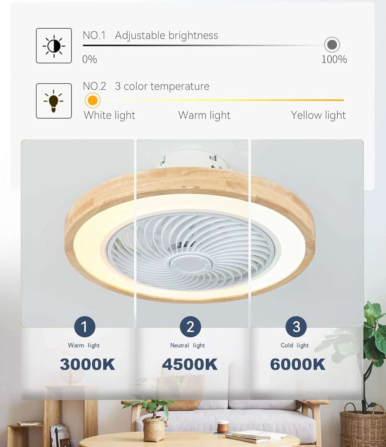 LJX Ventilateurs de Plafond avec Lumières Bois et Télécommande Plafonnier Ventilateur Design Sans Pales Été Et Hiver Réversible 6 Vitesses Moteur DC Gradable Ventilo Plafond Silencieux Pour Chambre