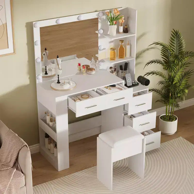 Miroir 10 ampoules | Prises intégrées Grande coiffeuse de 104 cm avec miroir et 3 modes d'éclairage - Table de maquillage avec tabouret et 5 tiroirs pour chambre à coucher