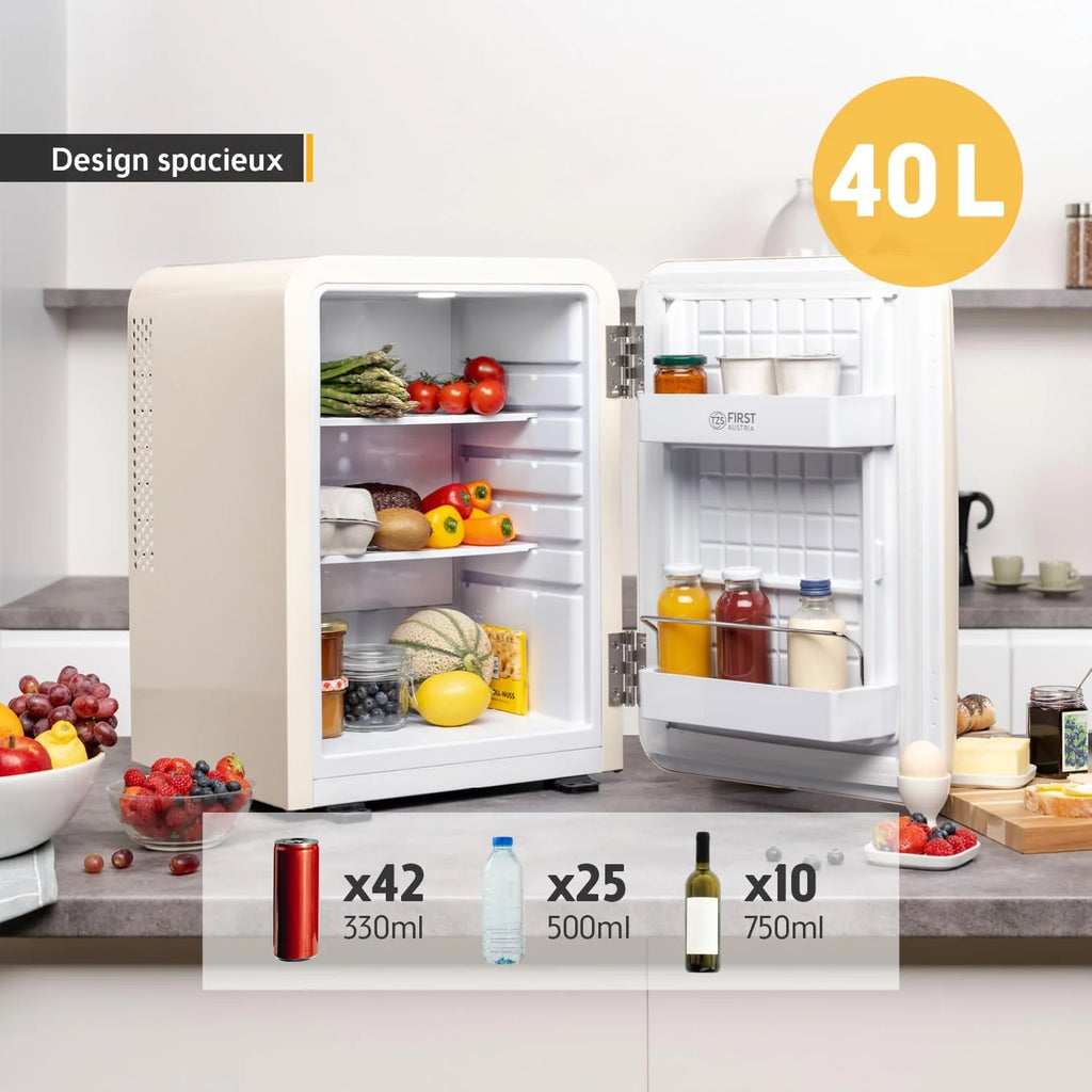 TZS First Austria - Mini Réfrigérateur Rétro 40L silencieux - Petit Minifrigo design vintage avec lumière intérieure et 2 compartiments de porte - Minibar pour camping, bureau, chambre & hôtel - Crème