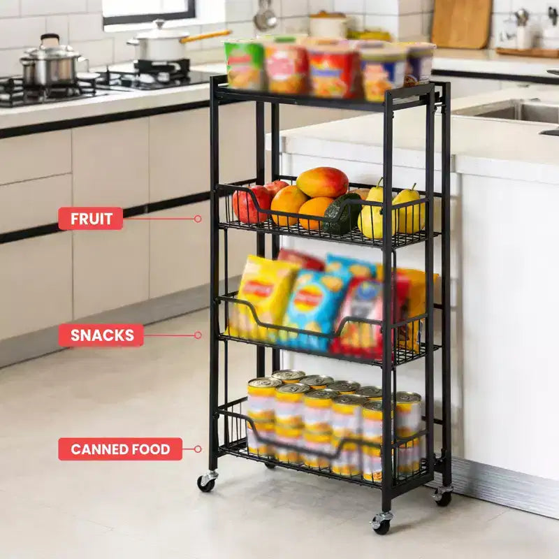 Chariot de Rangement de Cuisine Pliable à 3 Niveaux, Cadre et Étagères en Fer, Organisateur de Garde-Manger Gain de Place pour Fruits, Collations, Chariot de Service avec Roulettes Verrouillables